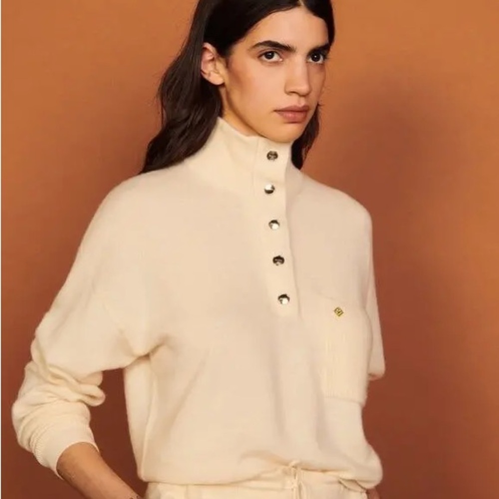 Sandro Cream Button-Up Cashmere Sweater